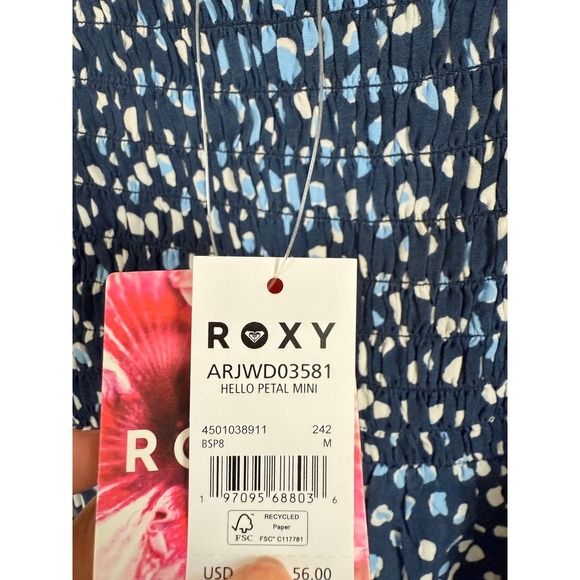 Roxy Navy Blue Puff Sleeve Smocked Bodice Mini Dress Print Size M NWT - Picture 4 of 4